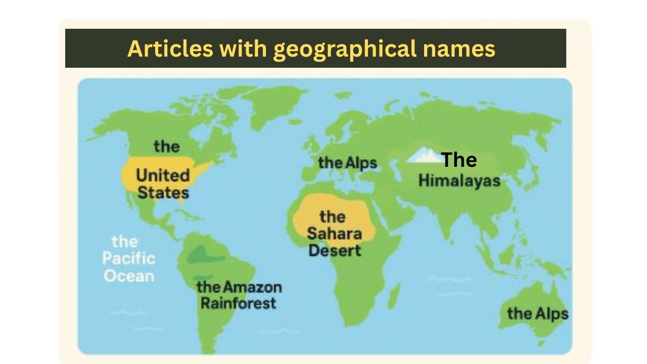 A world map showing correct article usage with geographical names.
