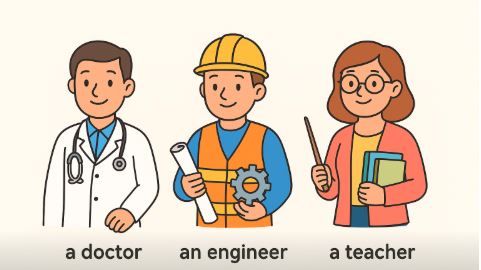 A cartoon showing different professions with their articles.