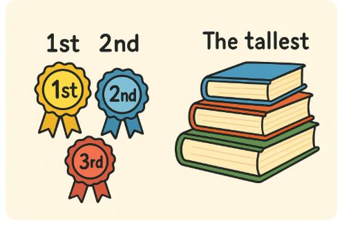 Image illustrating superlatives and ordinal numbers with examples.